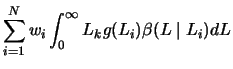 $\displaystyle \sum_{i=1}^{N}w_{i}\int_0^{\infty}L_{k}g(L_{i})\beta(L \mid L_{i})dL$