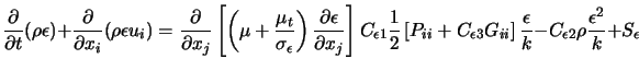  \frac{\partial}{\partial t} (\rho \epsilon) + \frac{\partial... ...}{k} - C_{\epsilon 2} \rho \frac{\epsilon^2}{k} + S_{\epsilon} 