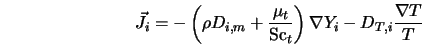  \vec{J}_{i} = - \left (\rho D_{i,m} + \frac{\mu_t}{{\rm Sc}_t} \right ) \nabla Y_i - D_{T,i}\frac{\nabla T}{T} 