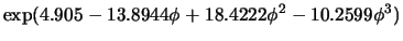 $\displaystyle \exp(4.905 - 13.8944\phi + 18.4222\phi^2 - 10.2599\phi^3)$
