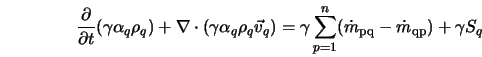  \frac{\partial}{\partial t} (\gamma \alpha_q \rho_q) + \nabl... ...{p=1}^n ({\dot{m}_{\rm pq} - \dot{m}_{\rm qp}} ) + \gamma S_q 